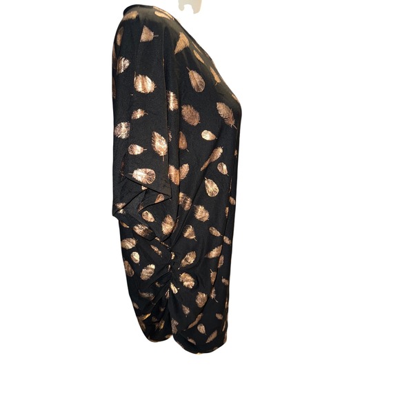 Rouge Collection Womens 2X Black Gold Metallic Feather Dolman Ruched Top Blouse - Picture 2 of 9